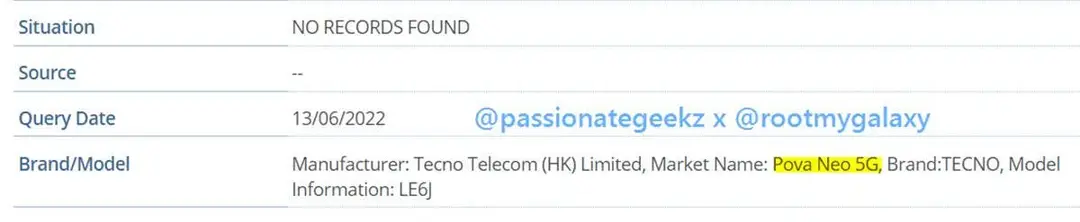 tecno pova neo 5g imei database
