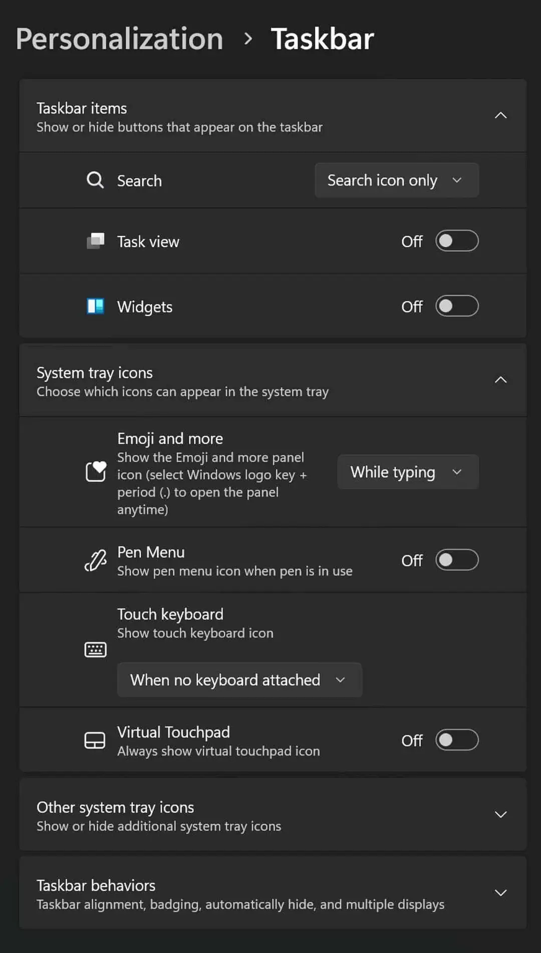 turn off taskbar items 24h2