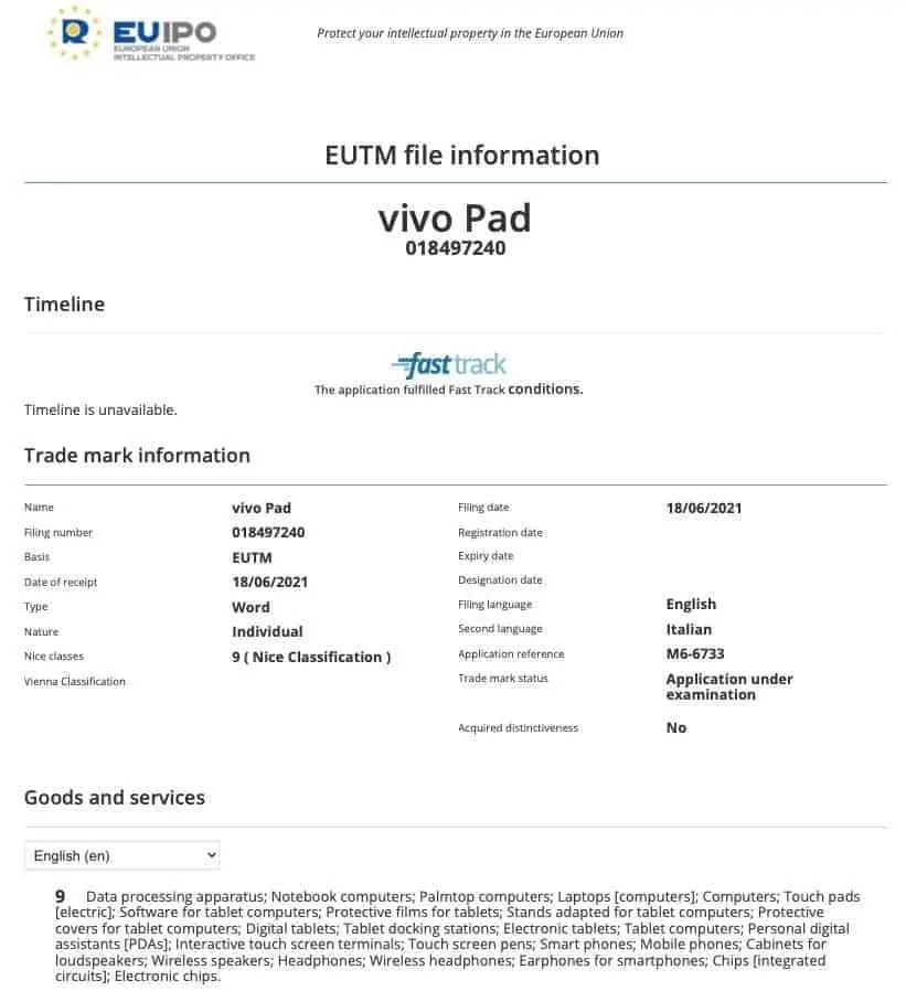 vivo pad euipo trademark