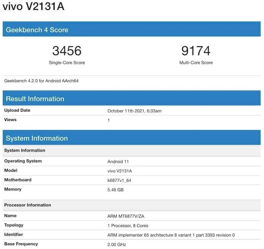 vivo v2131a iqoo z5x geekbench