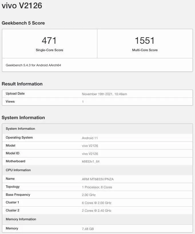 vivo v23e 5g geekbench
