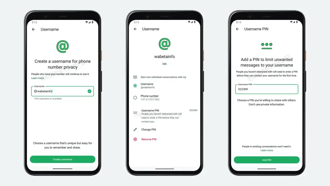 wa create username phone number privacy feature pin support android