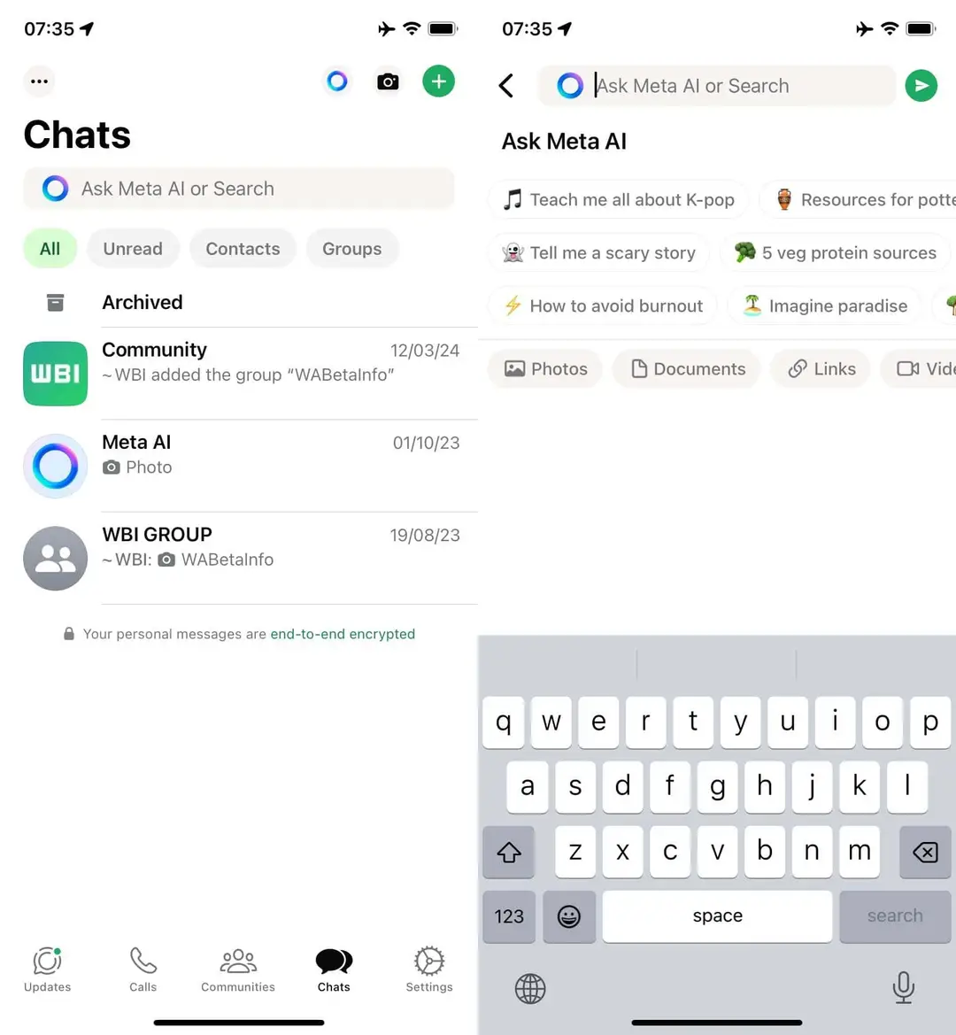 wa meta ai search navigation bar entry point feature ios