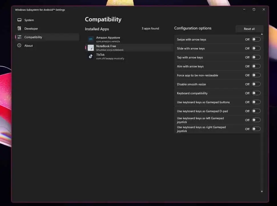windows subsystem for android app settings