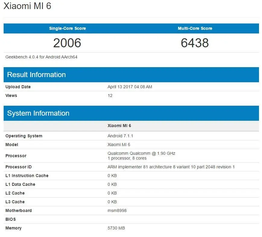 xiaomi mi 6 geekbench