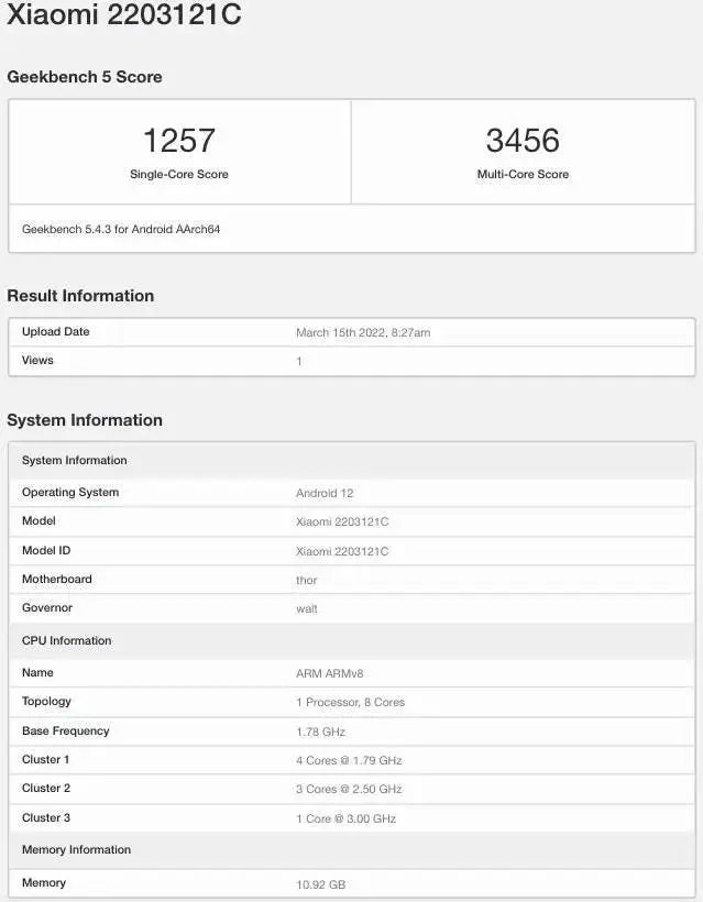 xiaomi mix 5 geekbench listing