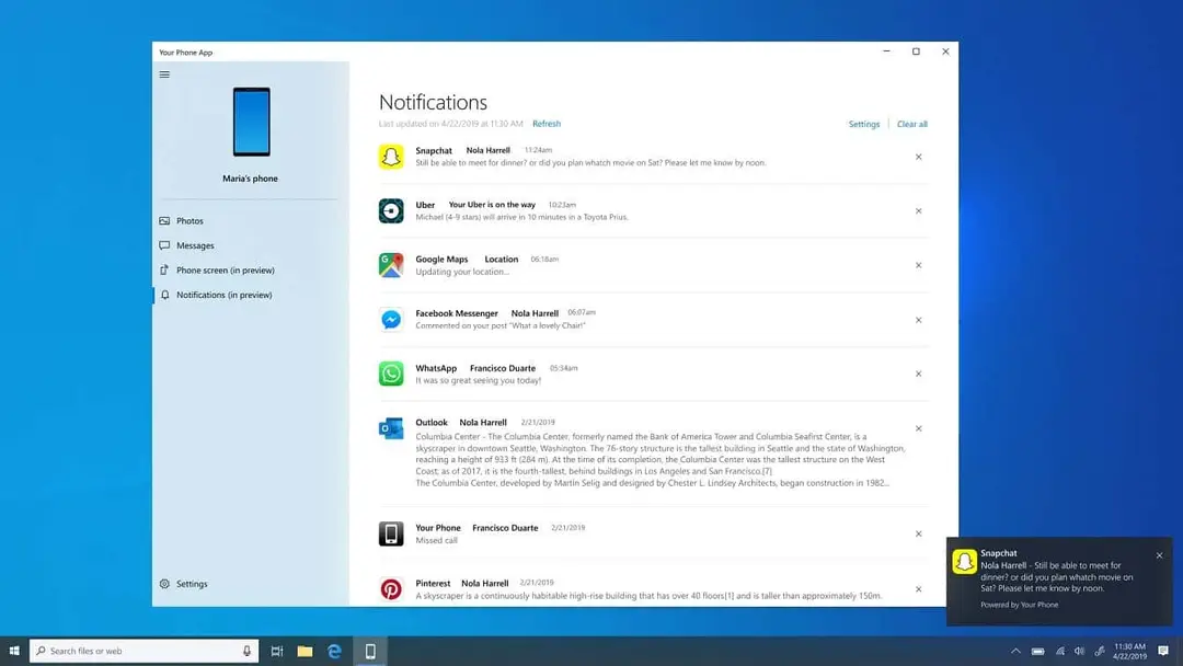 your phone app for windows