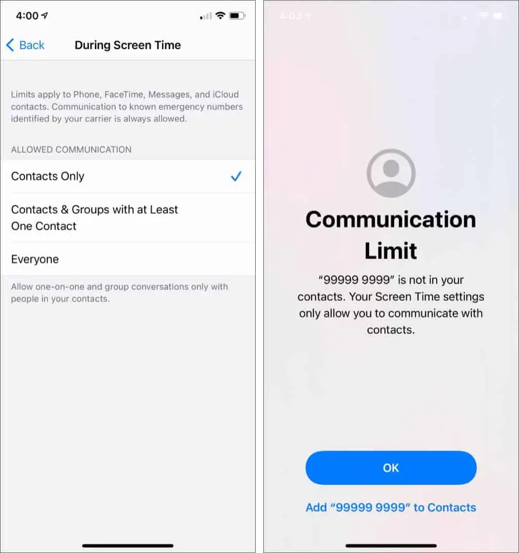 select contacts only to set communication limits