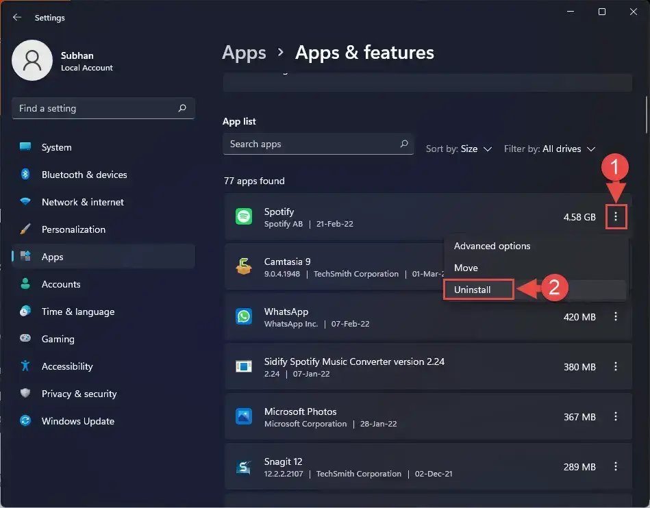 uninstall apps