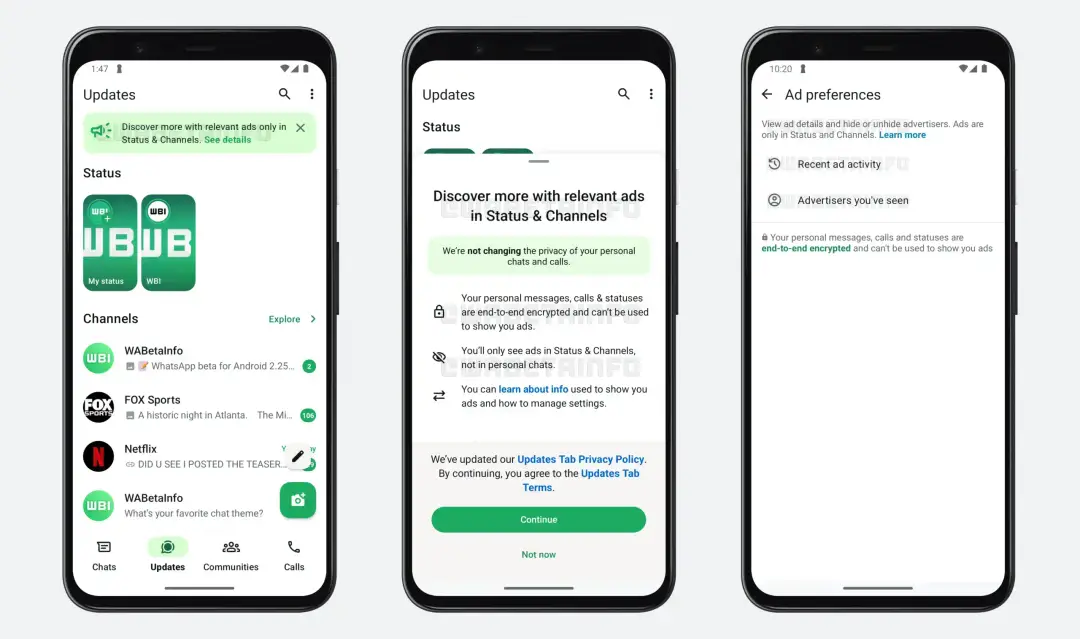 wa status ads promoted channels sponsored content updates tab preferences feature android scaled