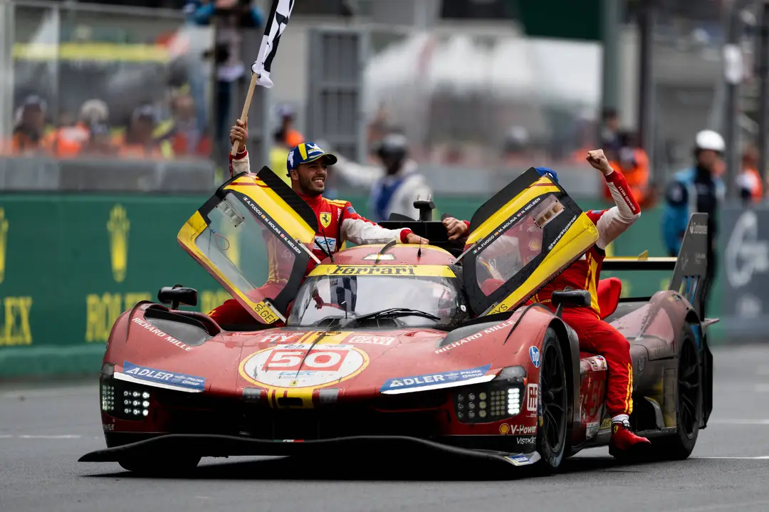 The #50 Ferrari AF Corse driven by Nicklas Nielsen, Antonio Fuoco and Miguel Molina taking their victory lap after their 2024 24 Hours of Le Mans victory.