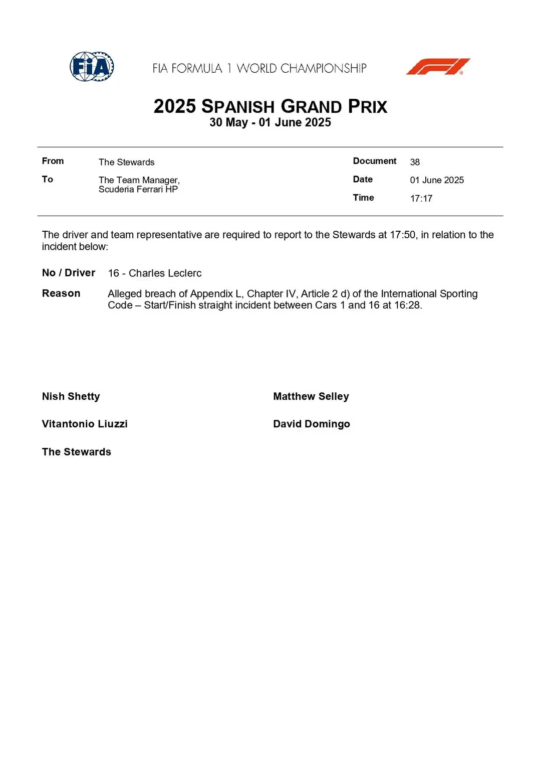 doc 38 2025 spanish grand prix summons car 16 alleged collision with car 1 page 0001