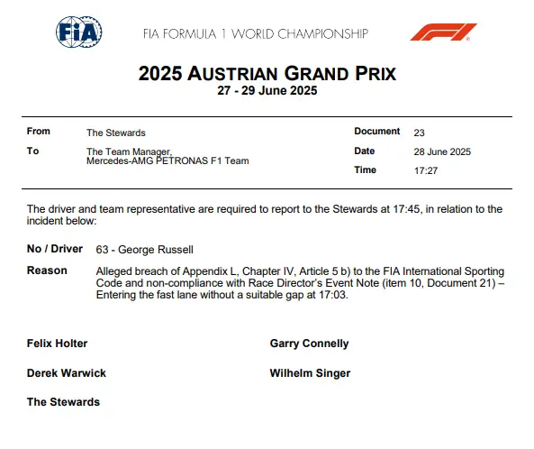 russell summoned to the stewards