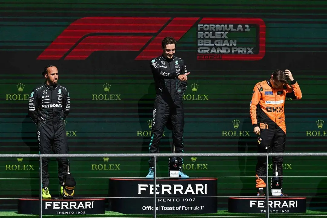 Russell, Hamilton and Piastri on 2024 Belgian GP podium