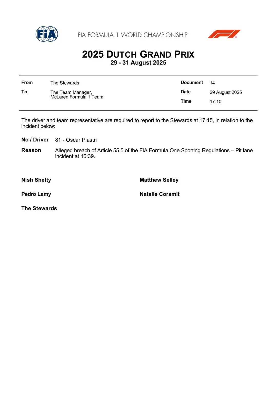 Stewards' document dat aankondigt onderzoek te doen naar Piastri en Russell