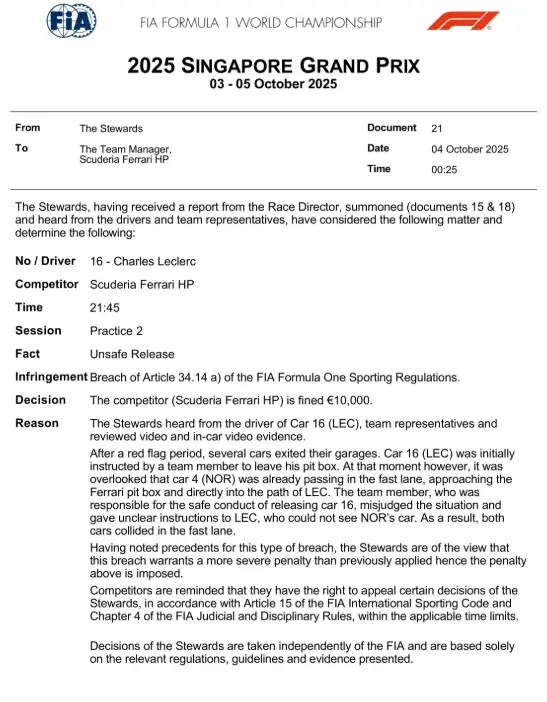 FIA Statement-Leclerc Norris-Singapore FP2