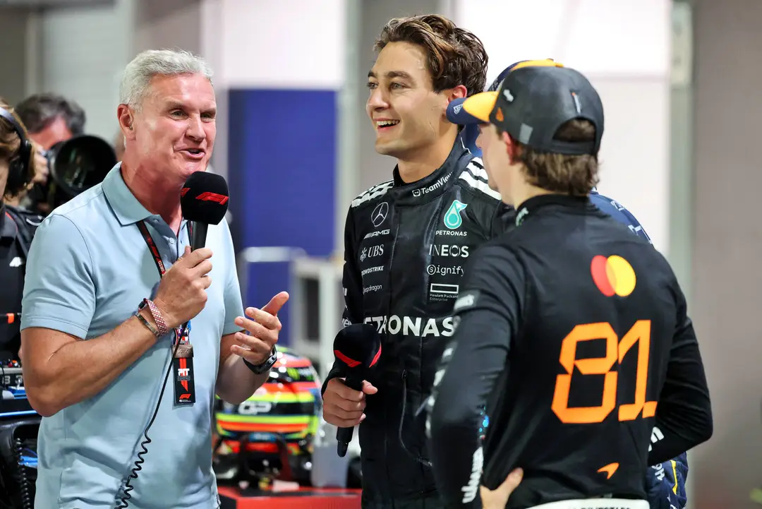 David Coulthard with George Russell and Oscar Piastri