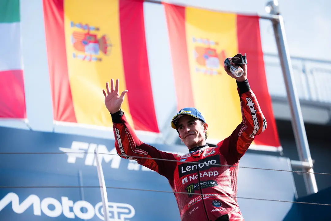 Ducati rider Marc Marquez celebrates MotoGP win