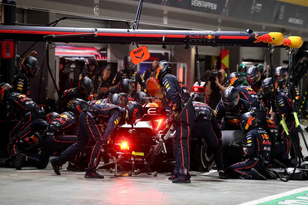 Max Verstappen at a Red Bull pit stop