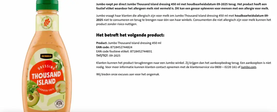 De waarschuwing zoals gepubliceerd op de site van Jumbo