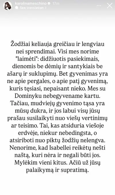 Karolinos Meschino istorija „Instagram“ / Delfi nuotr.