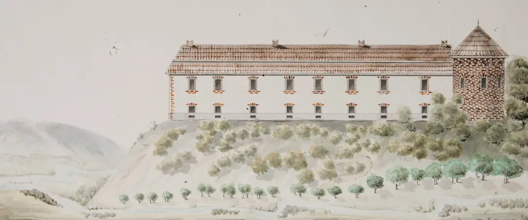 uvę Zabielų Raudondvario rūmai nuo Nevėžio upės pusės Tyszkiewiczių valdymo pradžioje. Il. iš: Vilniaus gubernijos pilių atlasas, 1827 [detalė]