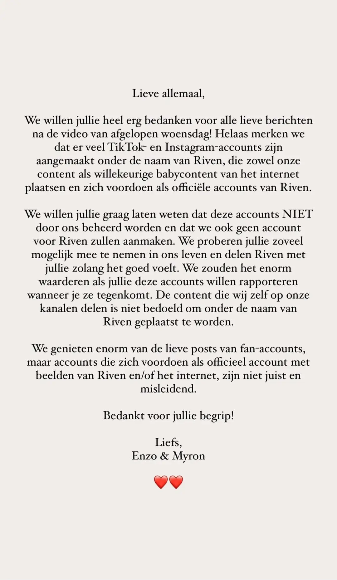 enzo knol en myron koops delen nieuws over baby riven