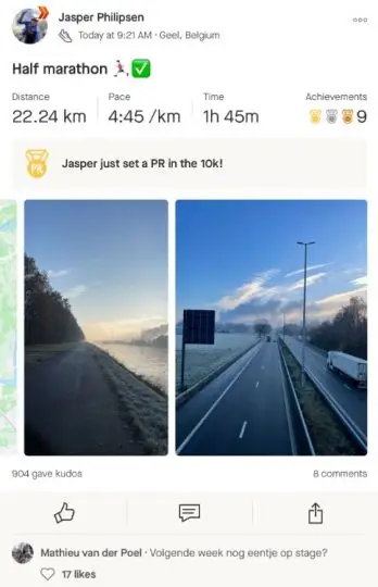 Strava Post Jasper Philippsen, Marathonwerte, Bilder Feldweg Autobahn Winter<br>
