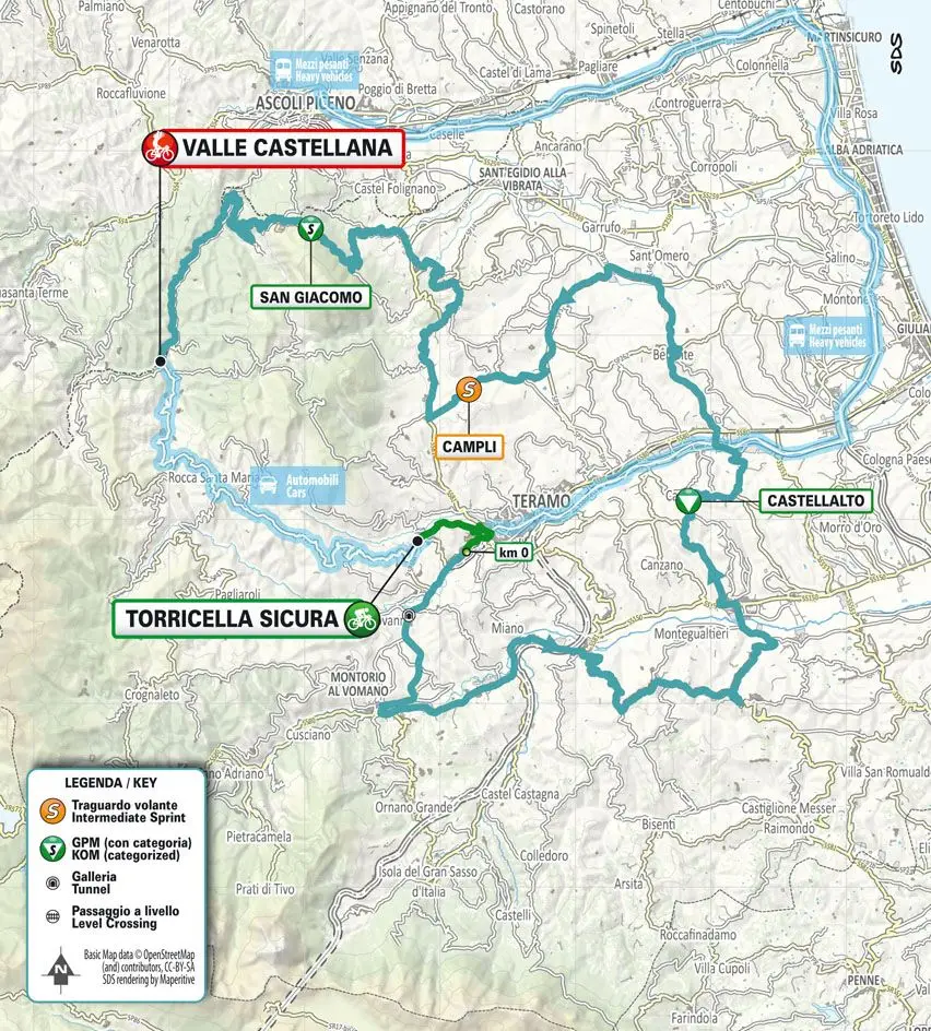Karte Tirreno-Adriatico 2024 Etappe 5 schematische Route<br>