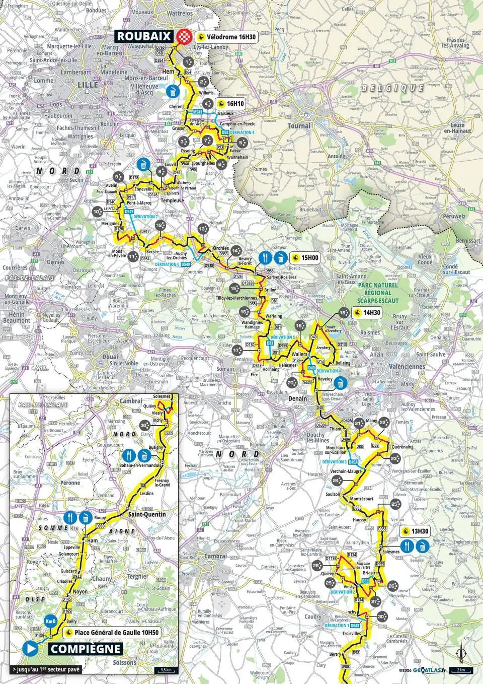 Streckenkarte Paris–Roubaix 2026