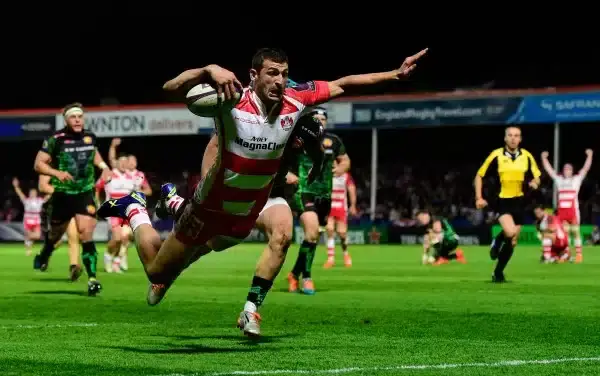 GLOUCESTER, ENGLAND - APRIL 18: Jonny May of Gloucester dives over for the final try during the European Rugby Challenge Cup semi final match between Gloucester Rugby and Exeter Chiefs at Kingsholm Stadium on April 18, 2015 in Gloucester, England. (Photo