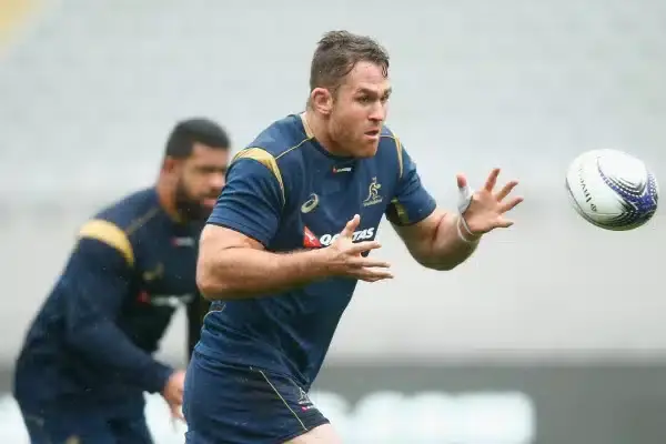 AUCKLAND, NEW ZEALAND - AUGUST 14: James Horwill of the Wallabies takes a pass during the Australian Wallabies Captain's Run at Eden Park on August 14, 2015 in Auckland, New Zealand. (Photo by Phil Walter/Getty Images)