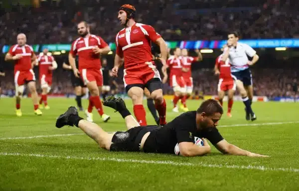 CARDIFF, WALES - OCTOBER 02: Dane Coles of the New Zealand All Blacks scores their fourth try during the 2015 Rugby World Cup Pool C match between New Zealand and Georgia at the Millennium Stadium on October 2, 2015 in Cardiff, United Kingdom. (Photo by R