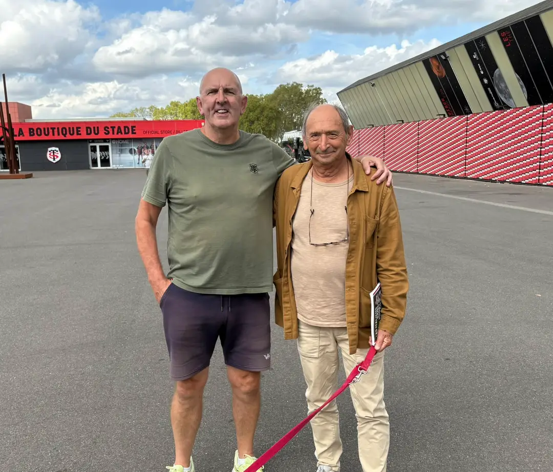 Richard Dixon and Pierre Villepreux outside the Toulouse stadium.