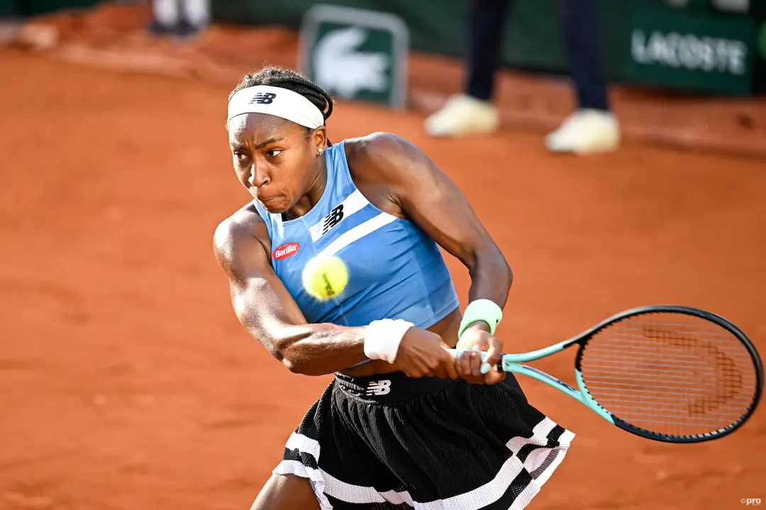 Gauff hitting a backhand shot at Roland Garros