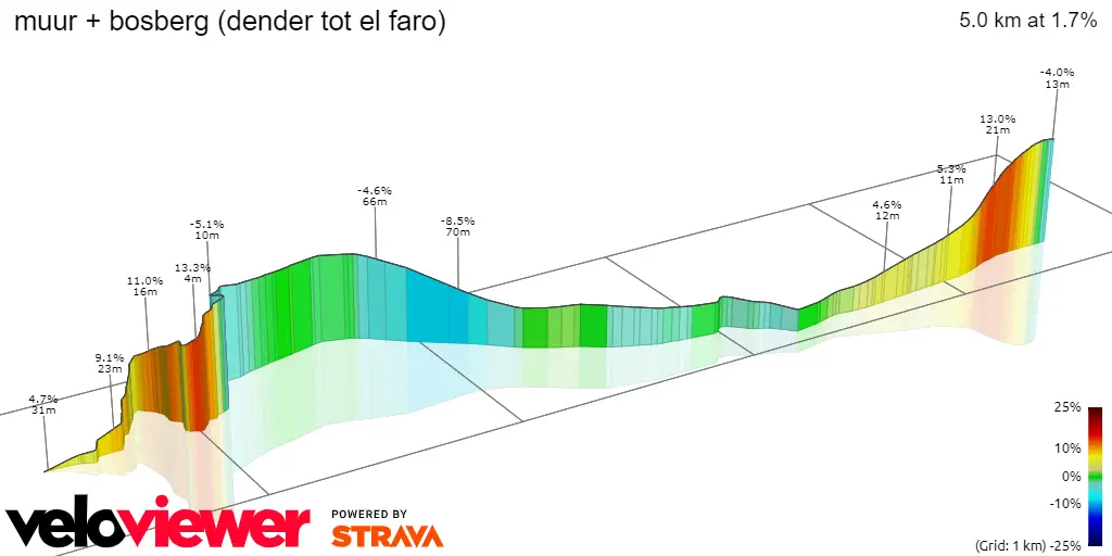Muur de Geraardsbergen: 1,2 km; 7% gemiddeld stijgingspercentage; 20% maximaal stijgingspercentage; nog 16 km te gaan<br>Bosberg: 800 meter; 6,5% gemiddeld stijgingspercentage; 13% maximaal stijgingspercentage; nog 12 km te gaan
