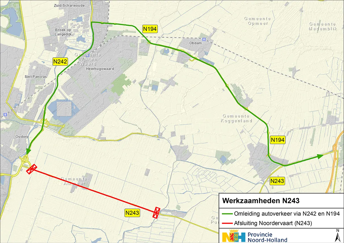 omleidingsroute doorgaand autoverkeer noordervaart n243 24 april 1 augustus 2023 b
