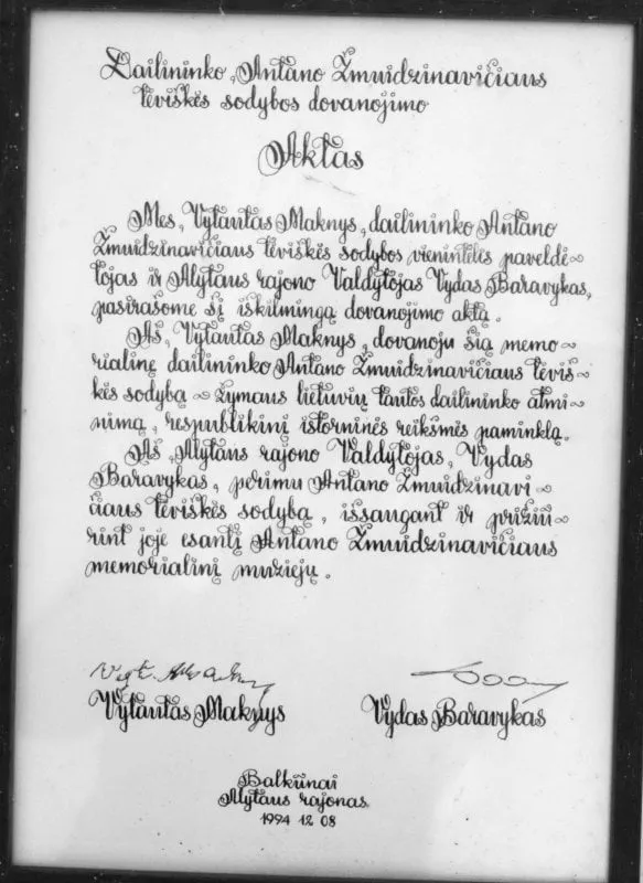 dailininko antano zmuidzinaviciaus teviskes sodybos dovanojimo aktas 1994 m