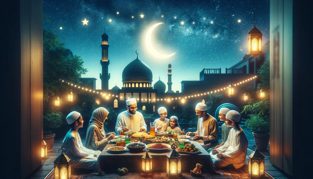 dallc2b7e 2024 03 12 154211 create an image that captures the essence of ramadan showcasing a peaceful evening scene with a crescent moon visible in the starry night sky in the