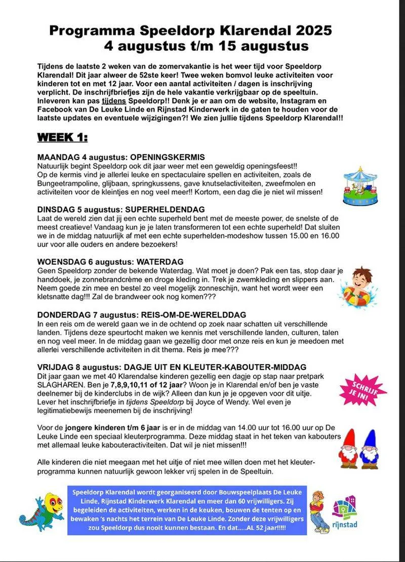 Speeldorp Klarendal 2025.programma week 1