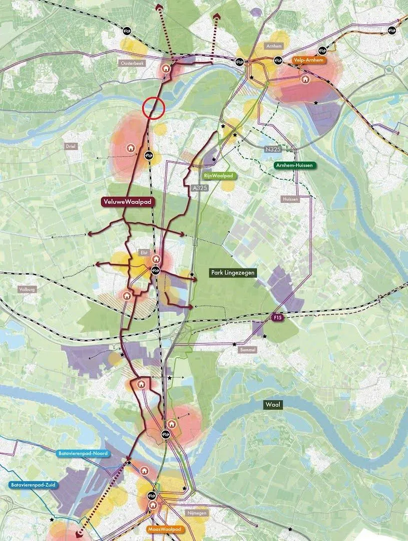 Het-VeluweWaalPad-met-in-de-rode-cirkel-de-locatie-van-de-fietsbrug