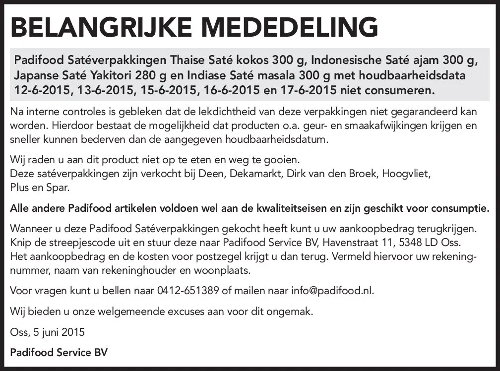 belanrijke veiligheidswaarschuwing padifood satesa