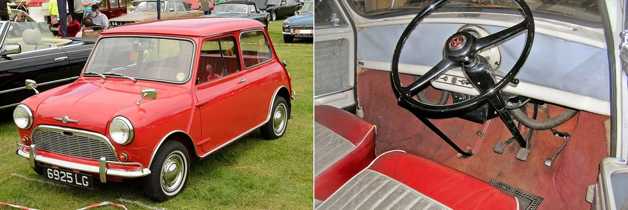 Morris Mini, sportief maar met een weinig uitbundig interieur, toch de beoogde gezinsauto van de sixties, en het gedroomde 'blitskarretje' voor de post-pubers van de seventies (foto's: Wikipedia)