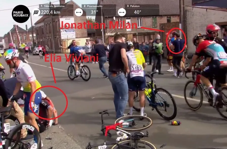 221Km to go: Mass crash sees several favourites hit the deck