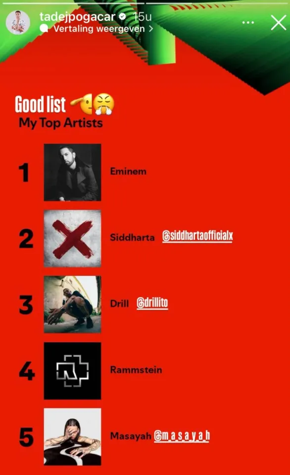 Tadej Pogacar's musical tastes (via&nbsp;Instagram).