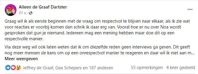 Het bericht op de Facebook pagina van Aileen de Graaf
