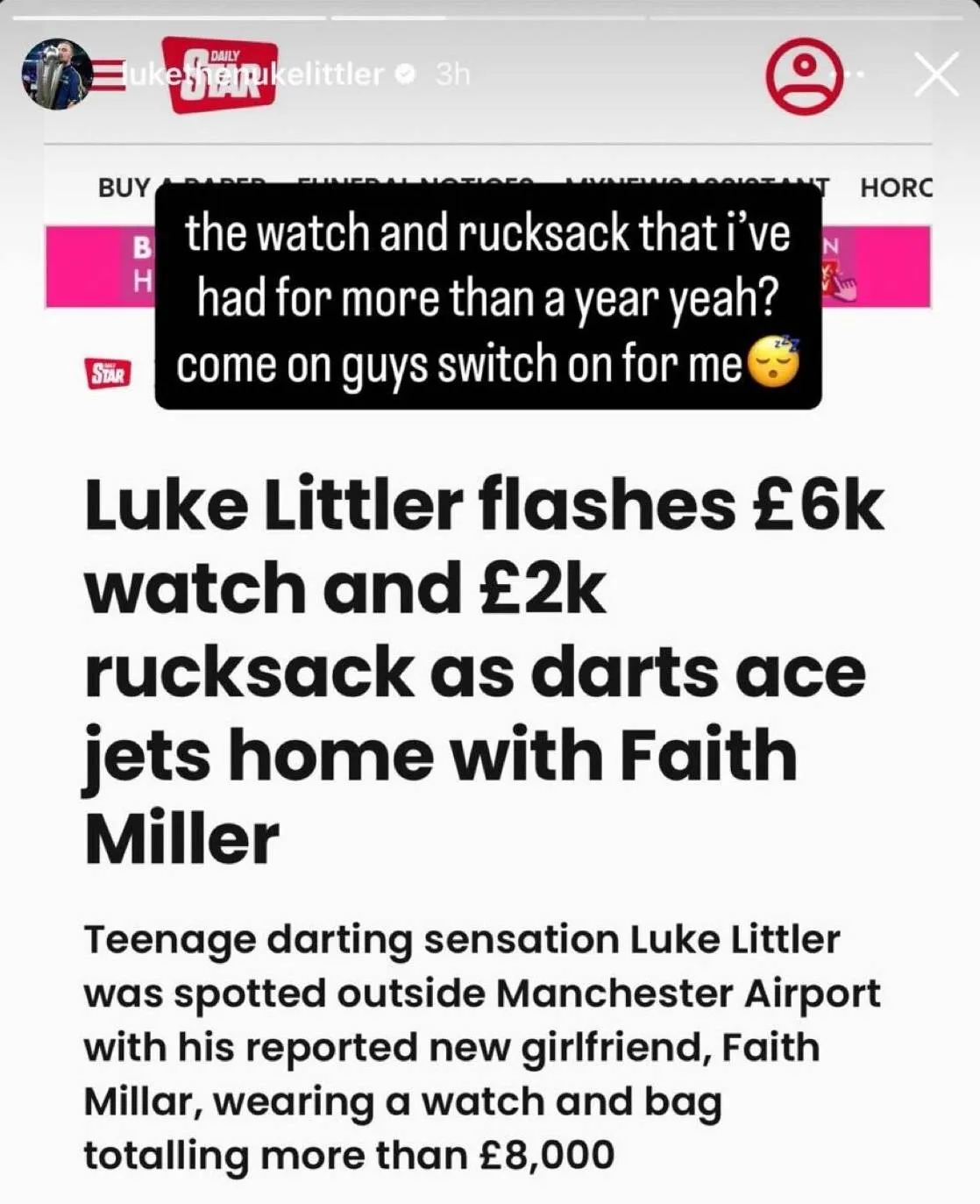 Luke Littler reagierte in seiner Instagram-Story auf die mediale Berichterstattung zu seiner Person