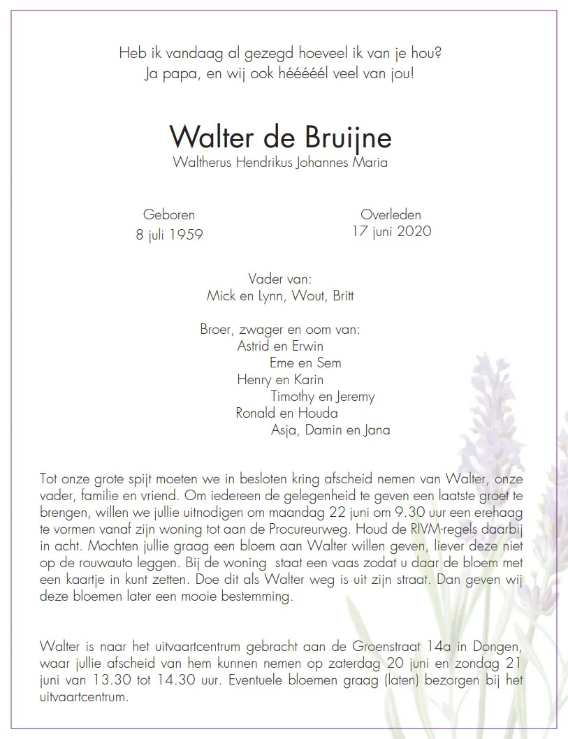 rouwbrief walter de bruijne