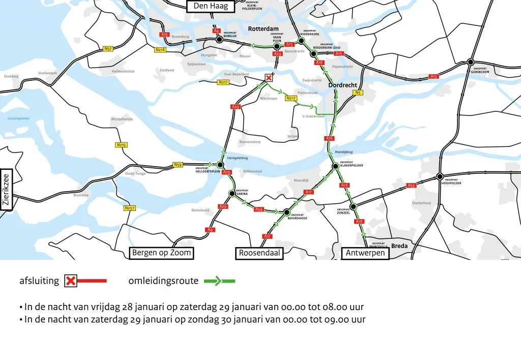 heinenoordtunnel afsluitingen 28 op 29 en 29 op 30 jan 2022