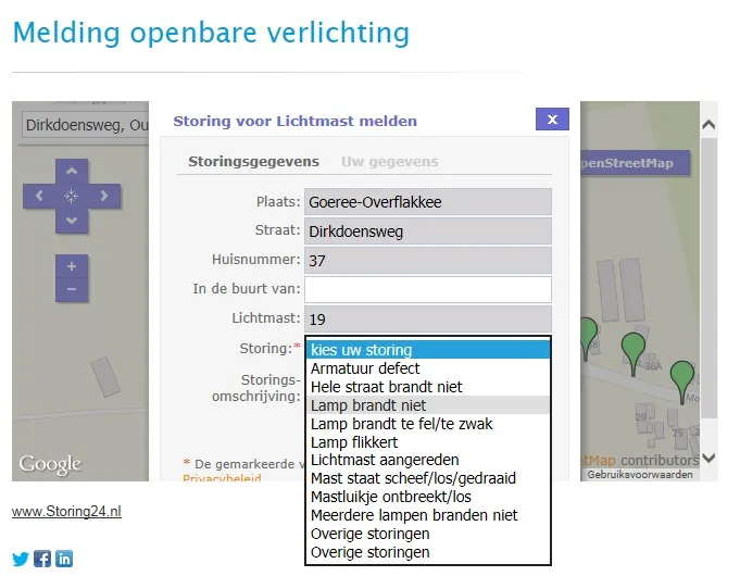 melding openbare verlichting invulveld